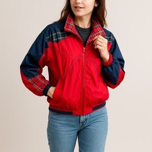 Vintage 80s Red Plaid Colorblock Windbreaker Jacket by Mureli Made in Hong Kong